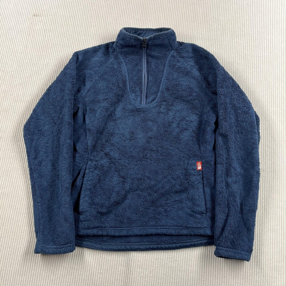 The North Face Jacket Womens Medium Blue Fuzzy Fleece 1/4 Zip Pullover Pockets